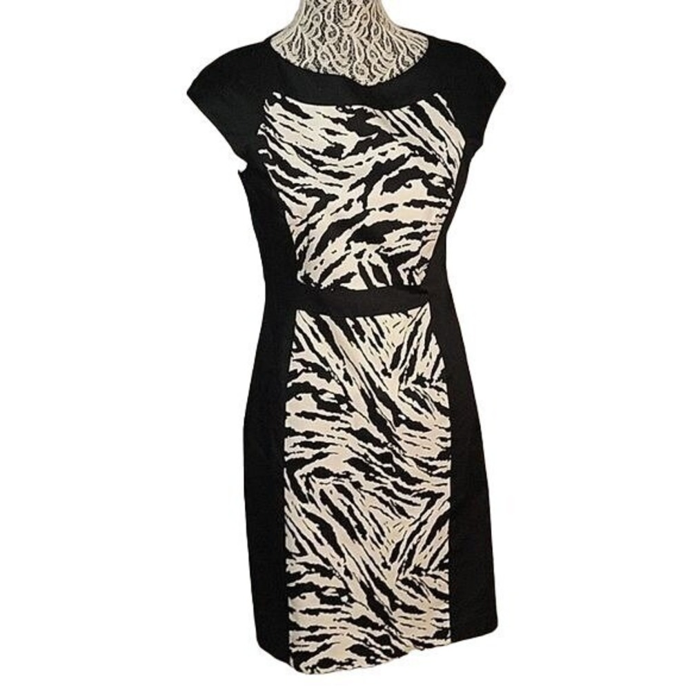 Sleeveless Sheath Dress Zebra Print Panel Black Career Party Size S‎
